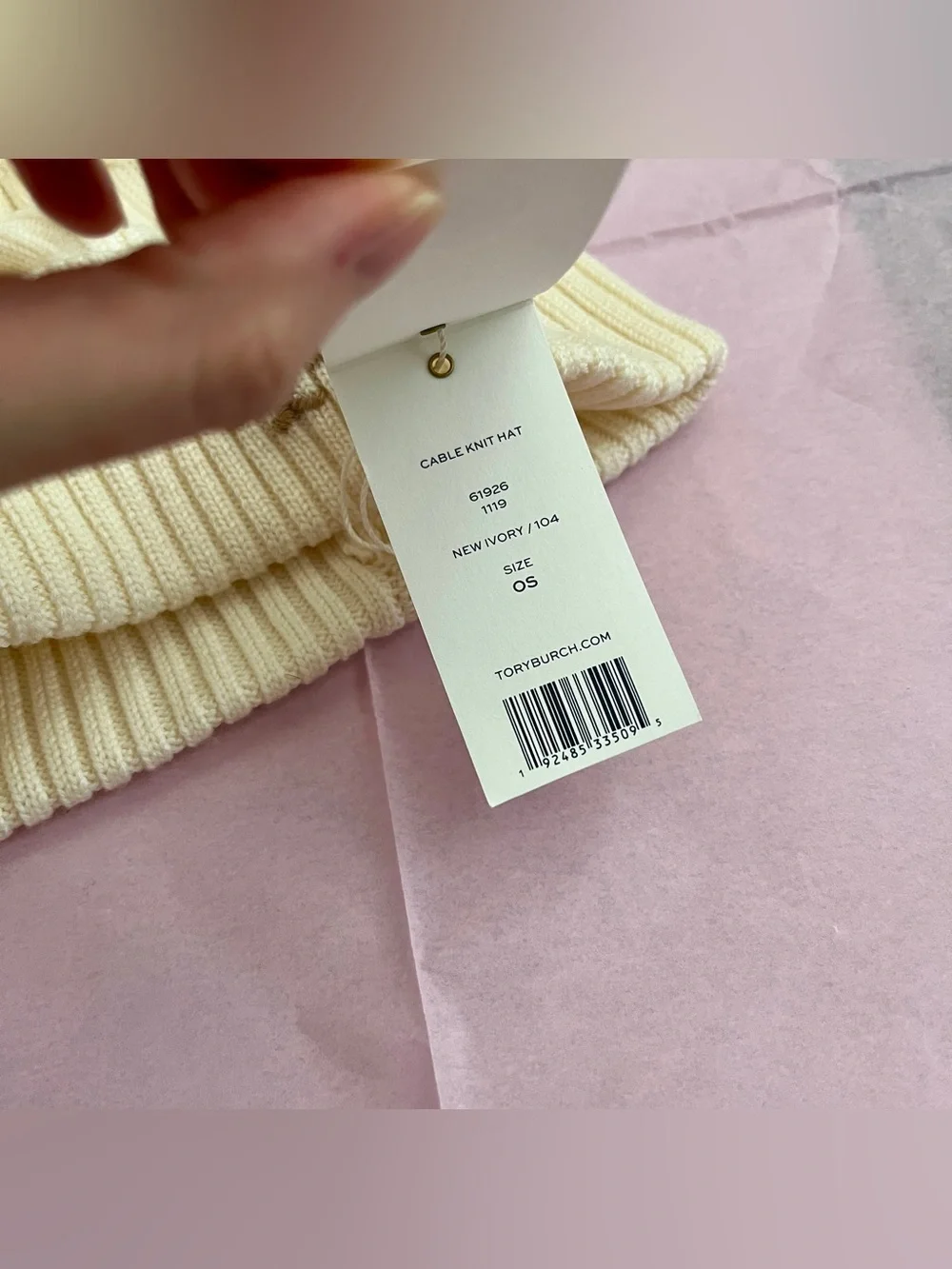 Tory Burch Cream Cable-Knit Beanie with Brown Faux-Fur Pom